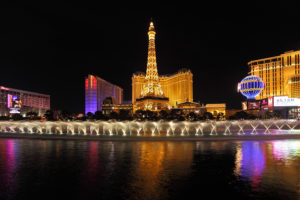 Grand panorama of the night in Las Vegas.  Dancing Fountains