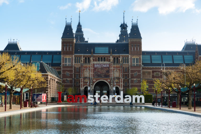 Amsterdam, Netherlands - May 03 2016: The Rijksmuseum Amsterdam museum area with the words IAMSTERDAM in Amsterdam, Netherlands.
